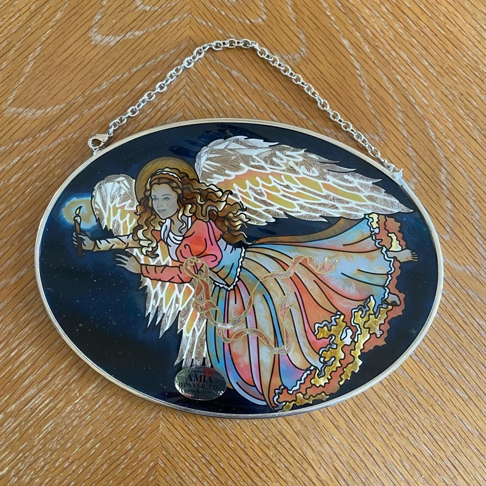 Amia‎ Vintage Sun Catcher Angel Gabriel Hand Painted Blue Oval